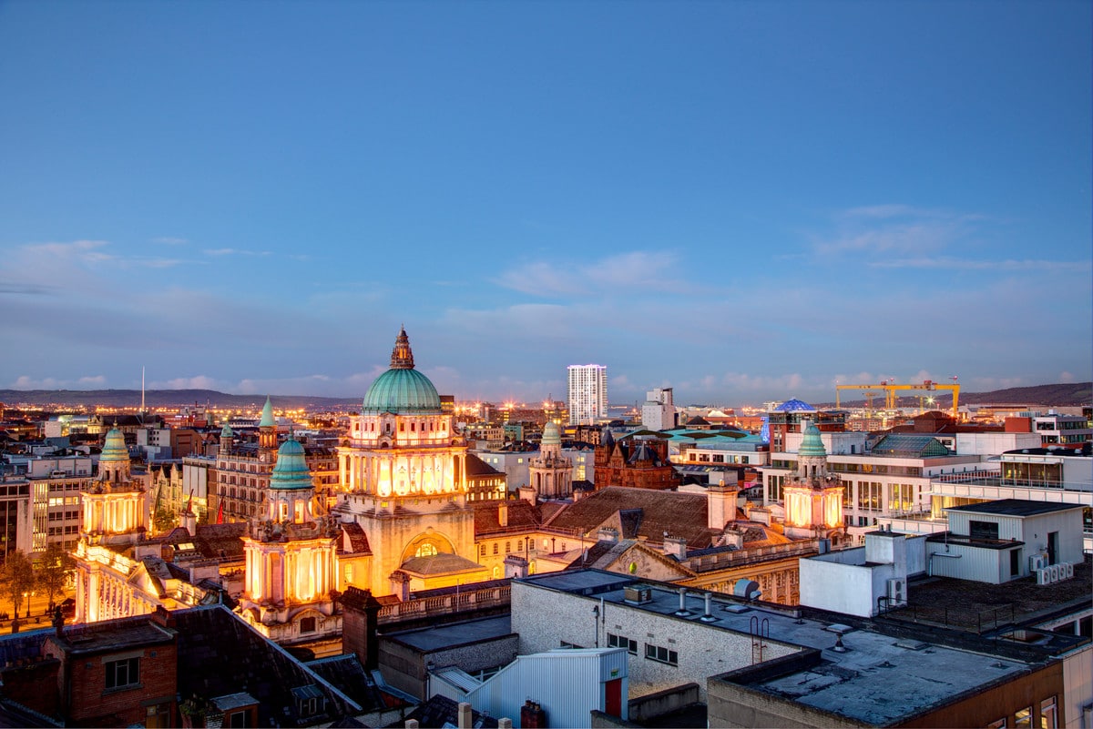 Belfast Skyline taken at dusk with City Hall in middle. Photographer Christopher Heaney Photographic Courtesy Of Visit Belfast, Copyright Christopher Heaney