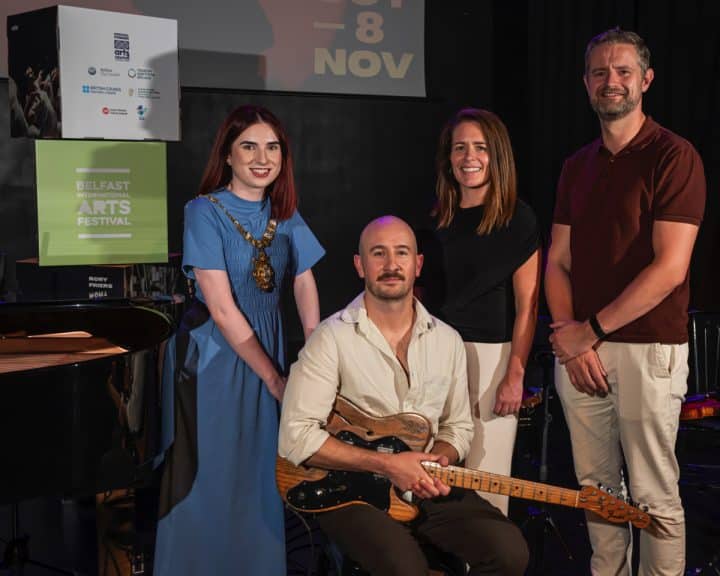 Lord Mayor of Belfast Róis-Máire Donnelly, Rory Friers (BIAF Artist-in-Residence), Nora Douds (Chair ACNI) and Chris McCreery (BIAF Artistic Director)