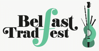 Belfast TradFest logo featuring bold black lettering, with a large stylised green musical note forming part of the design. A graphic illustration of a double bass and traditional string instruments appears on the right against a light grey background.