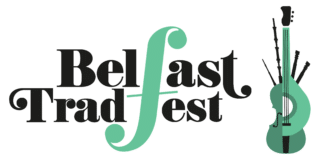 Belfast TradFest logo featuring bold black lettering, with a large stylised green musical clef forming part of the design. A graphic illustration of a fiddle and pipes appears on the right-hand side.