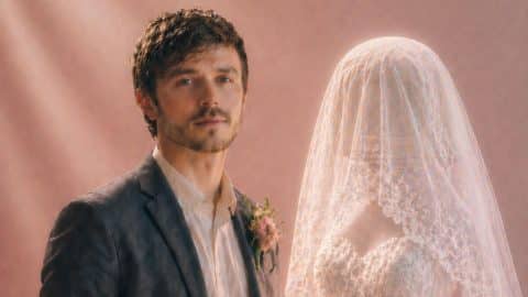 A man in a suit stands beside a veiled bride whose face is obscured by delicate lace fabric. Soft pink light and a hazy backdrop create a dreamlike atmosphere, suggesting romance layered with mystery and unease.