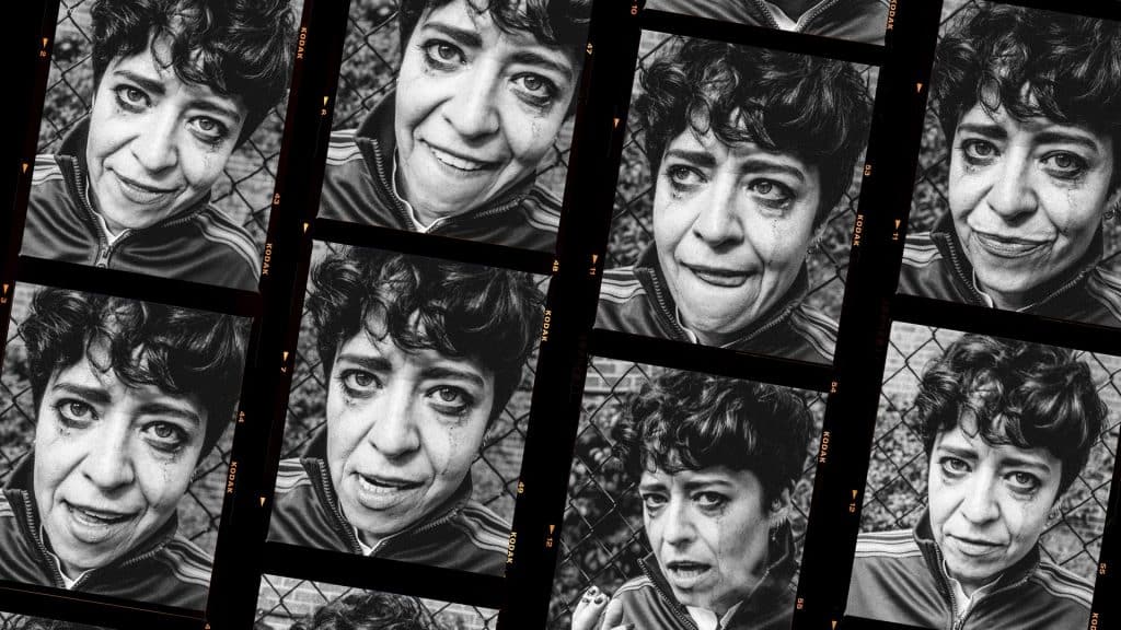 A collage of black-and-white film-strip portraits shows Caoimhe Farren in a series of close-up expressions, shifting between humour, vulnerability and defiance