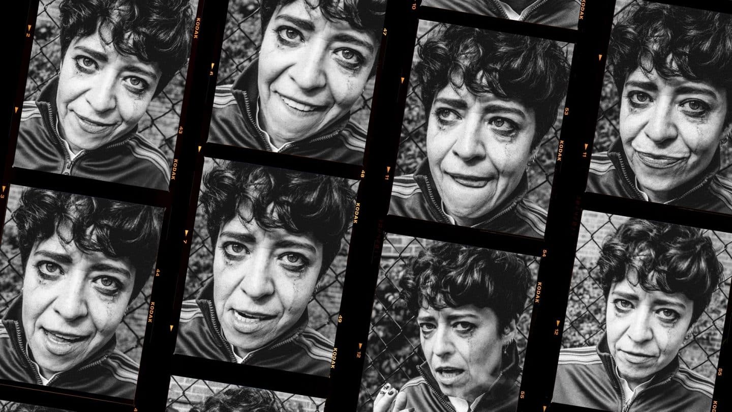 A collage of black-and-white film-strip portraits shows Caoimhe Farren in a series of close-up expressions, shifting between humour, vulnerability and defiance