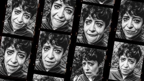 A collage of black-and-white film-strip portraits shows Caoimhe Farren in a series of close-up expressions, shifting between humour, vulnerability and defiance