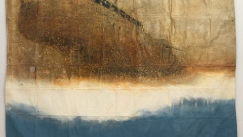 Hughie O'Donoghue Departure oil, acrylic, liquid and leaf metal, photographic trace on prepared tarpaulin. 246 x 300 cmsjpg
