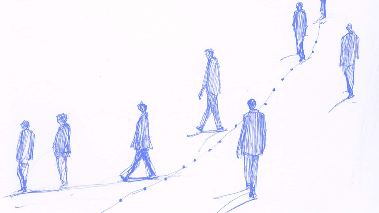 Join The Dots - illustration in blue pen of people walking against a white background