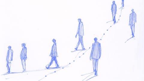 Join The Dots - illustration in blue pen of people walking against a white background