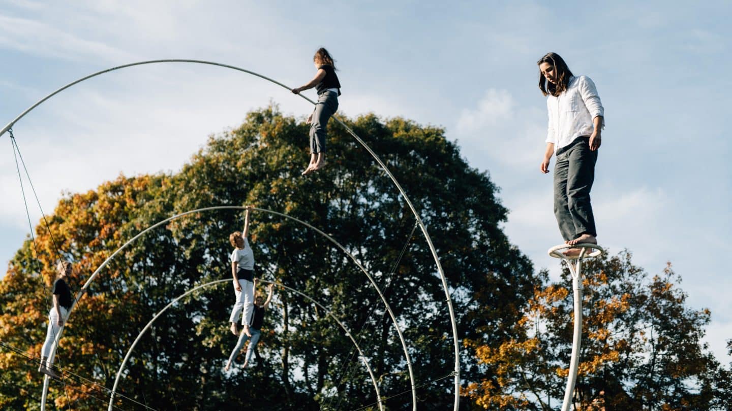 Four aerial artists on apparatus amid the treetops in Botanic Gardens.