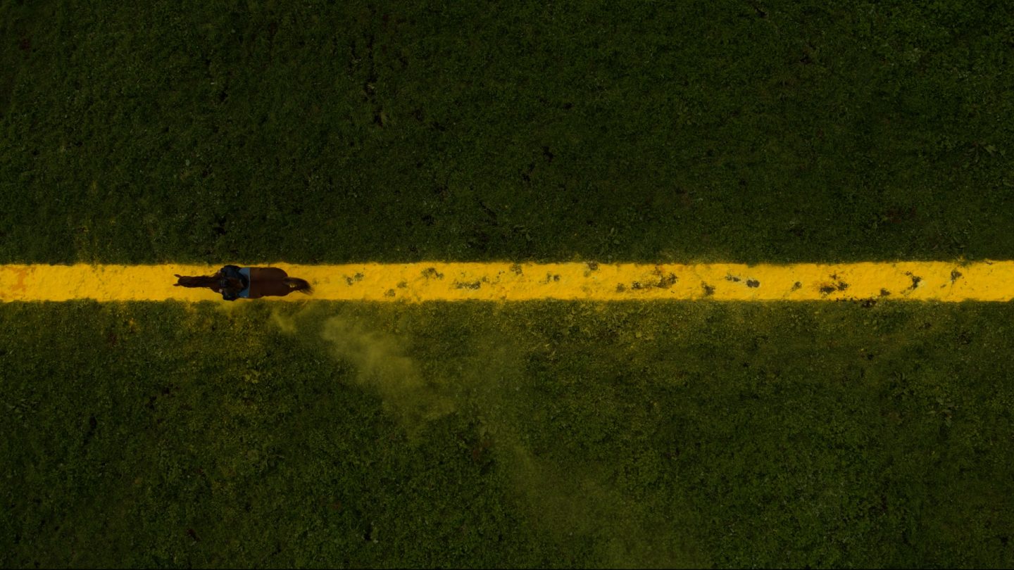 The Yellow Line: an aerial view looking down on a green field, which has a yellow line running across it, to mark a border. A single horse is galloping along it, its hooves leaving marks in the yellow line